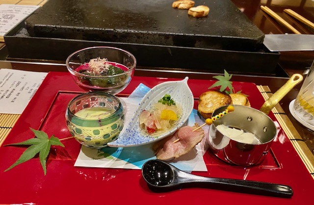 Traditional Japanese appetizers for a kaiseki meal at Chinzanso in Tokyo