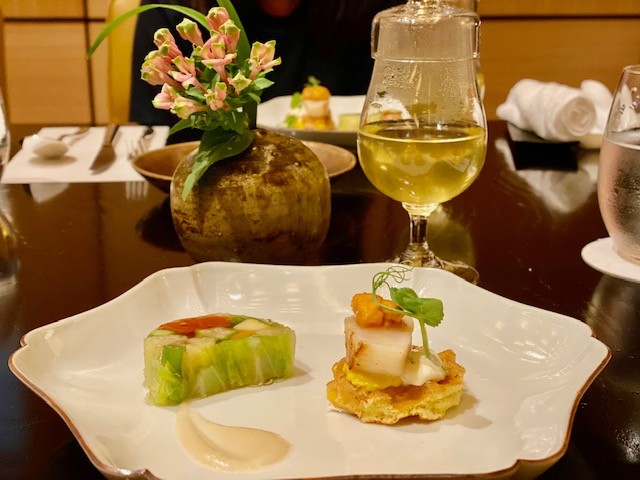 Summer vegetable terrine and a corn waffle topped with scallop and sea urchin for afternoon tea at the Park Hyatt Kyoto